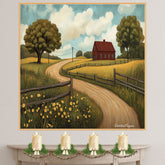 Sunny Country Road with Red Barn and Wildflowers – Peaceful Folk Art Rural Landscape Print on Ready to Hang 1.5" Thick Canvas Wrap, Floating Framed Canvas, Flat Rolled Canvas